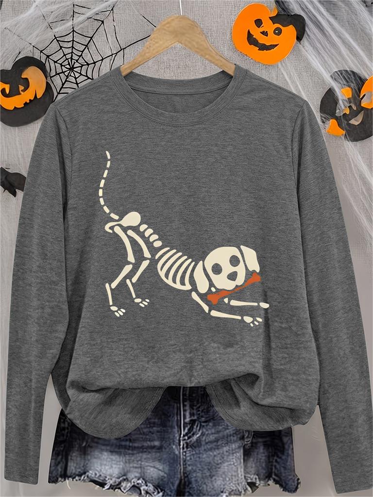 Women's Halloween Long Sleeve T-Shirt Cute Skeleton Dog Print Soft Funny Casual Top, Spooky Humor Gift, Crew Neck Tee for Daily, Sports
