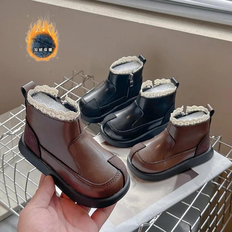 2024 Детские ботильоны принцессы для девочек Осень Зима Новые Элегантные Кружевные Модные Мягкие Нескользящие Универсальные Кожаные Ботинки