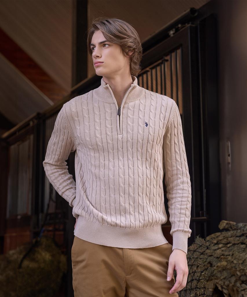 USPOLOASSN Cable Half-Zip Knit_Deep Beige