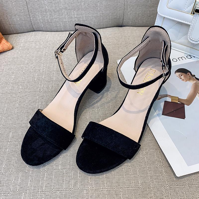 Women's Sandals Suede Ankle Buckle High Heels Fashion Women Shoes Comfort Pumps Open Toe Sandalias Black Casual Heeled Sandals
