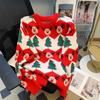 Autumn and Winter Vintage Christmas Red Pullovers Sweaters Women Fashion O Neck Loose Warm Knitted Sweater Women Elegant Sweet Print Lady Jumper 25512
