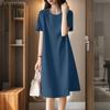 Women Casual Round Neck Solid Color Summer Short Sleeve Dress