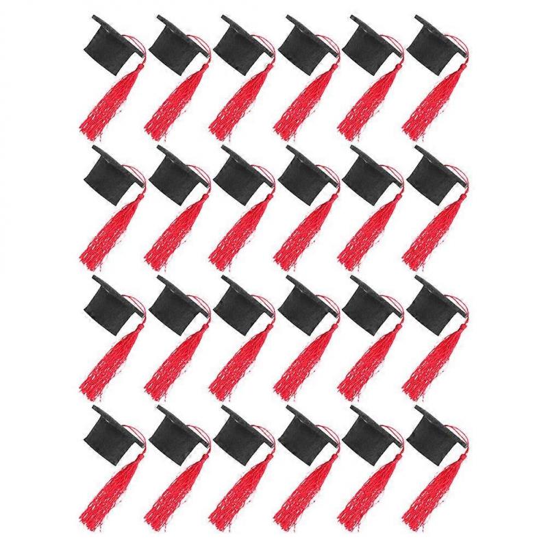 Mini Graduation Hat Bottle Toppers with Tassels for Home Party Decorations Red Felt Cloth 24pcs