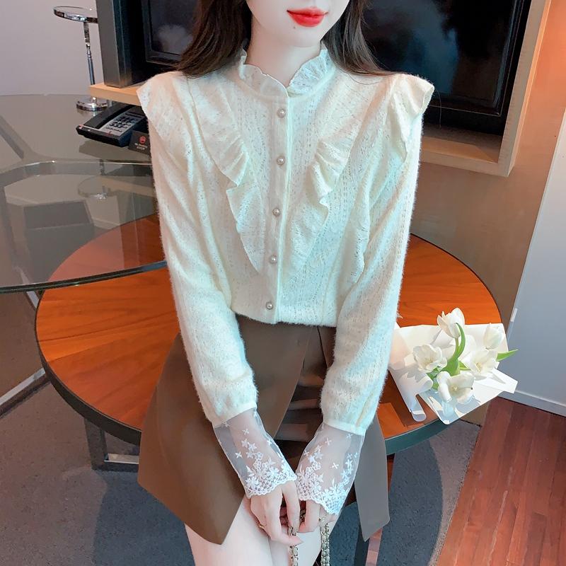 Мода 2024 Зима Длинный рукав Воротник-стойка Оборки Абрикосовый бархат Кружевная блузка Рубашка Женские топы Блузки Рубашки J790