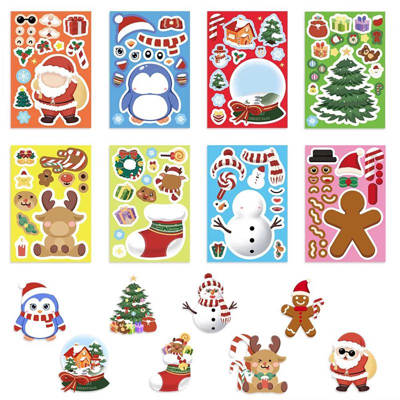 8pcs Cute Christmas Puzzle Stickers Make a Face Kids DIY Toys Assemble Sticker Games Xmas Party Favors 2025 New Year Gift