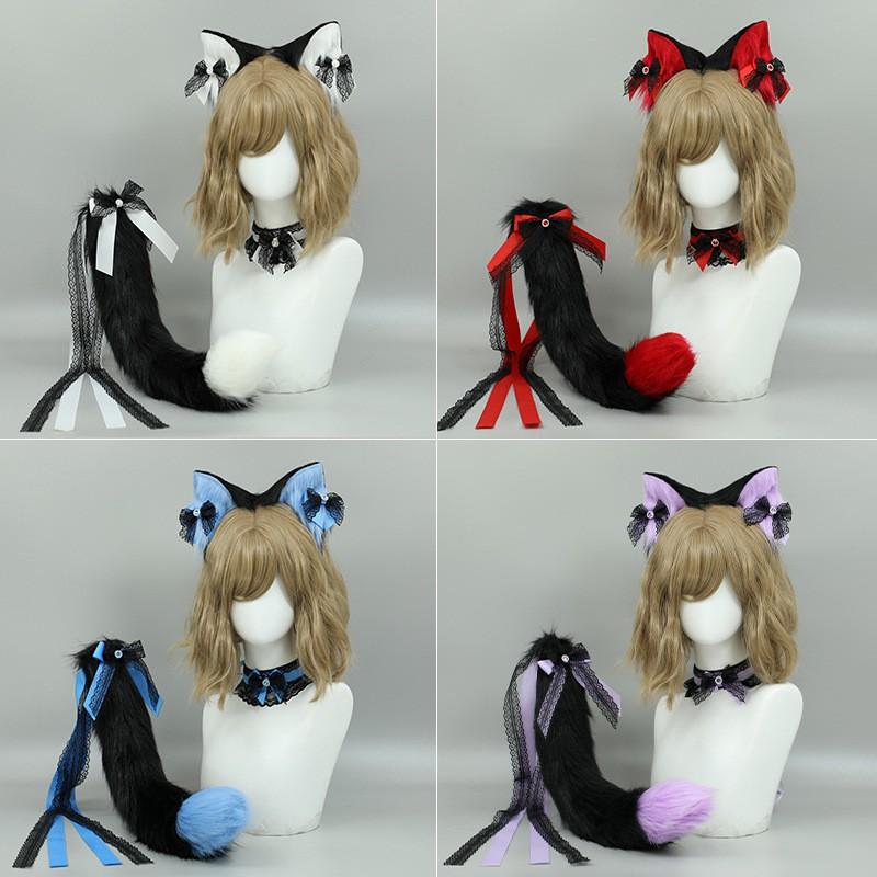 Cute Cat Ear Headband With Tail Lace Bow Collar Set Lolita Cosplay Costume Accessories