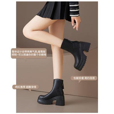 Женские ботинки Мартина средней высоты голенища, новые, на небольшой толстой подошве, на высоком каблуке 10 см, осенне-зимние, бархатные, на толстом каблуке, короткие ботинки, стройнят