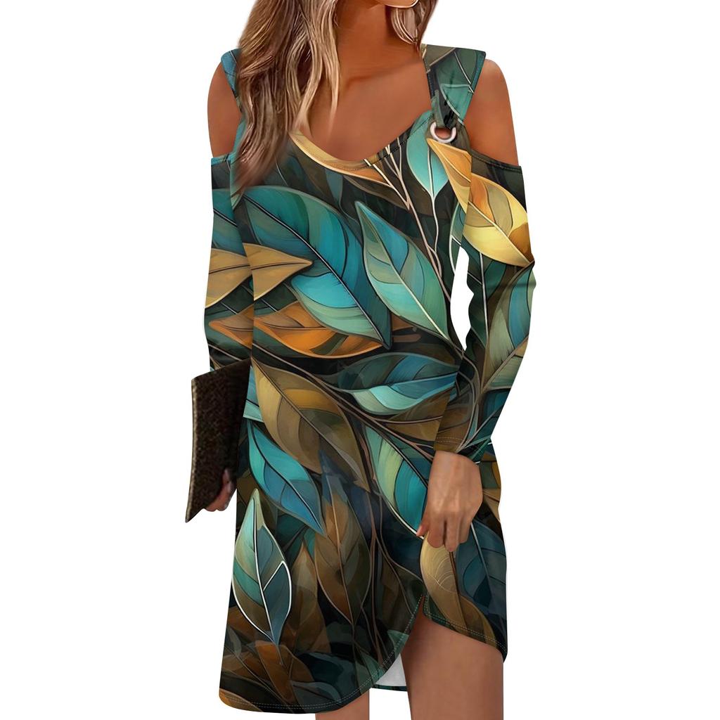 Женское повседневное длинное платье длиной до колена с v-образным вырезом и длинным рукавом с принтом, осень