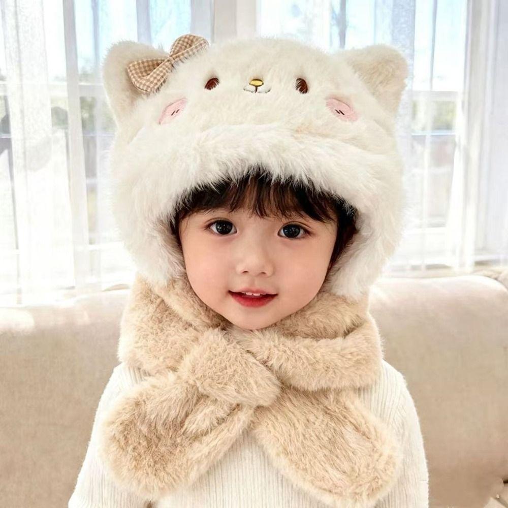 2/3Piece Set Neck Protection Feature Cat Plush Hat Scarf Set Kids Plush Hat Set Daily Wear