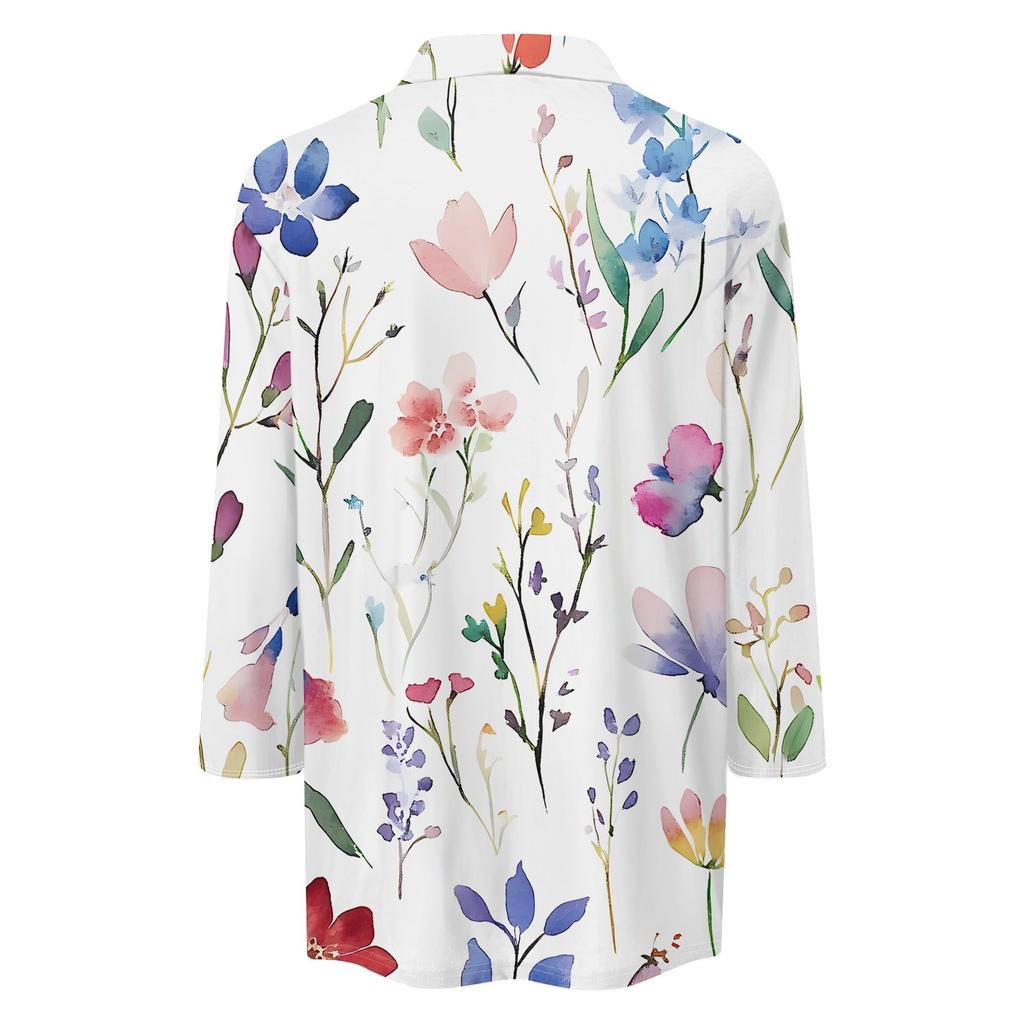 Женская мода повседневная рубашка с лацканами и рукавом 3/4 с принтом, женские топы с V-образным вырезом