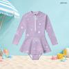 Girls High Neck Long Sleeve One Piece Swimsuit Front Zip Printed Skirt Hem Black Blue