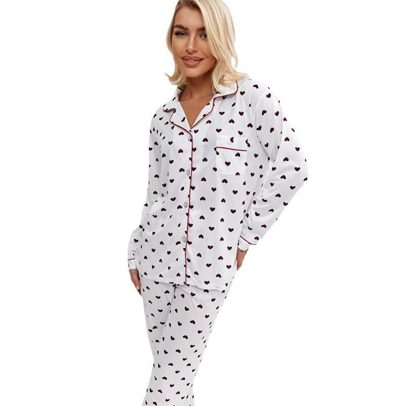 Весенне-осенний женский пижамный домашний костюм с длинными рукавами и длинными брюками, женская пижама с лацканами Love Casual Homewear Suit