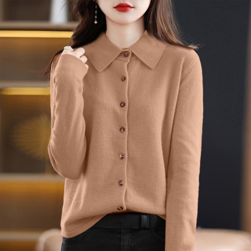 Женский модный повседневный кардиган однотонного цвета свободного кроя с длинными рукавами и отложным воротником