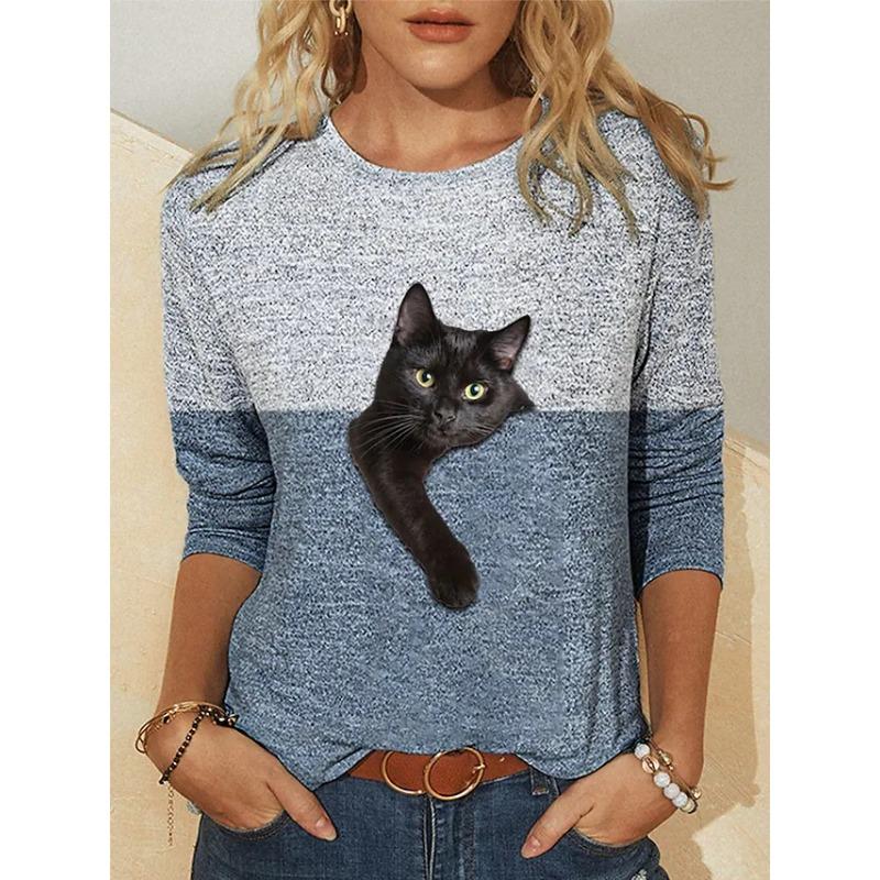 Color Block Printed Long Sleeved Casual Daily Basic Retro Round Neck 3D Cat Printed Women's T-shirts - Soft Medium Stretch Relaxed Fit Clothing