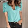 YYFS Женские модные повседневные летние весенние однотонные блузки и рубашки с v-образным вырезом и короткими рукавами с принтом