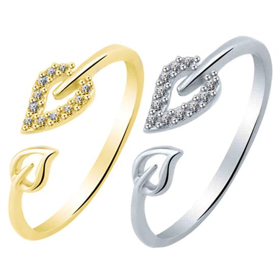 Adjustable Hollow Heart Leaf Rhinestone Opening Finger Ring Women Jewelry