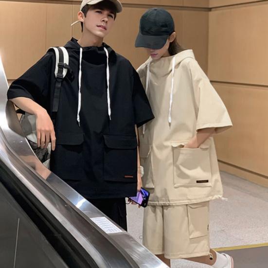 2 шт./компл. повседневный наряд унисекс, футболка с капюшоном и короткими рукавами, эластичный шнурок на талии, широкие шорты, комплект, однотонный свободный крой, наряд