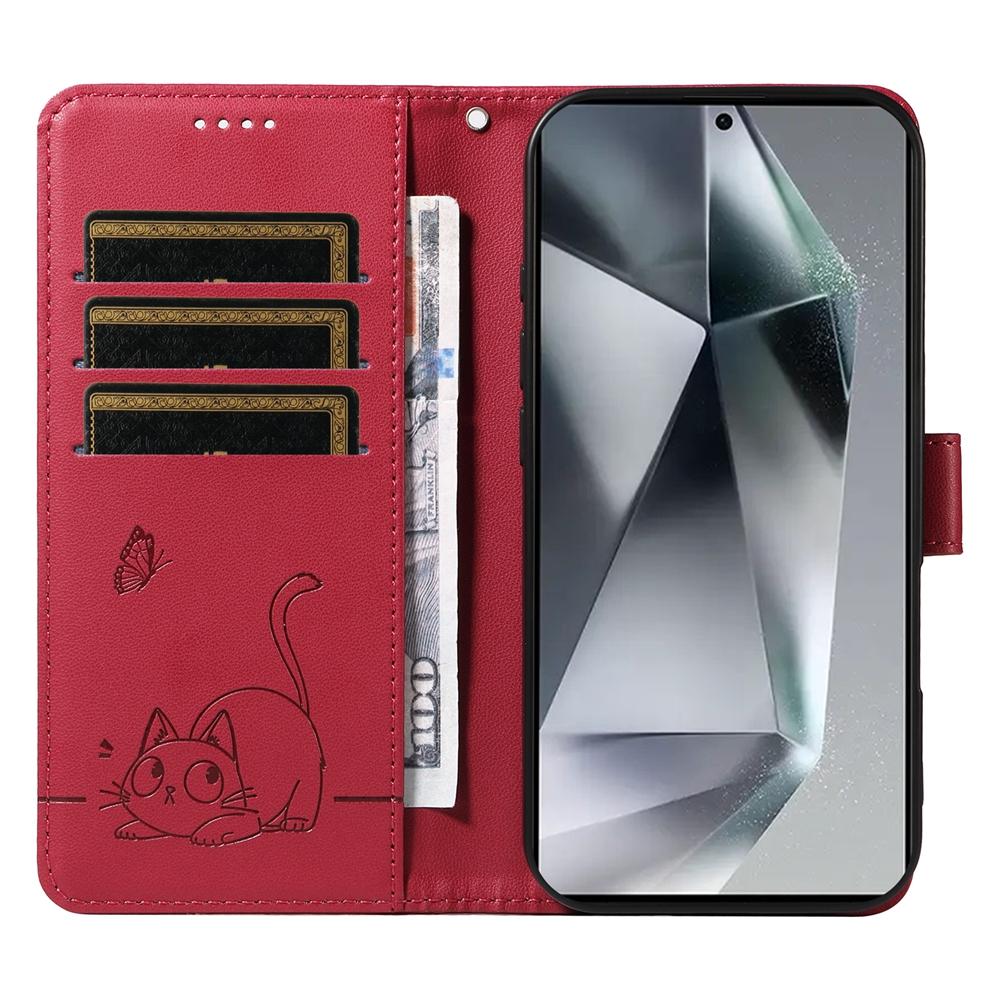 Magnetic Leather Wallet Flip Case for Samsung Galaxy S25 S24 S23 S22 S21 S20 Plus Ultra FE | Cat & Butterfly Embossed Design