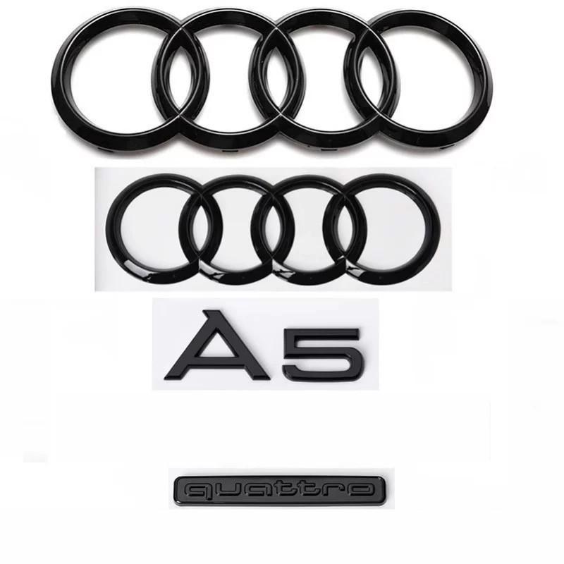 7pcs For audi A5 2010-2019 273mm 192mm Quarrto 2.0T Sline Emblem 4Ring logo ABS Black Front Grill Rear Trunk Emblem Sticker