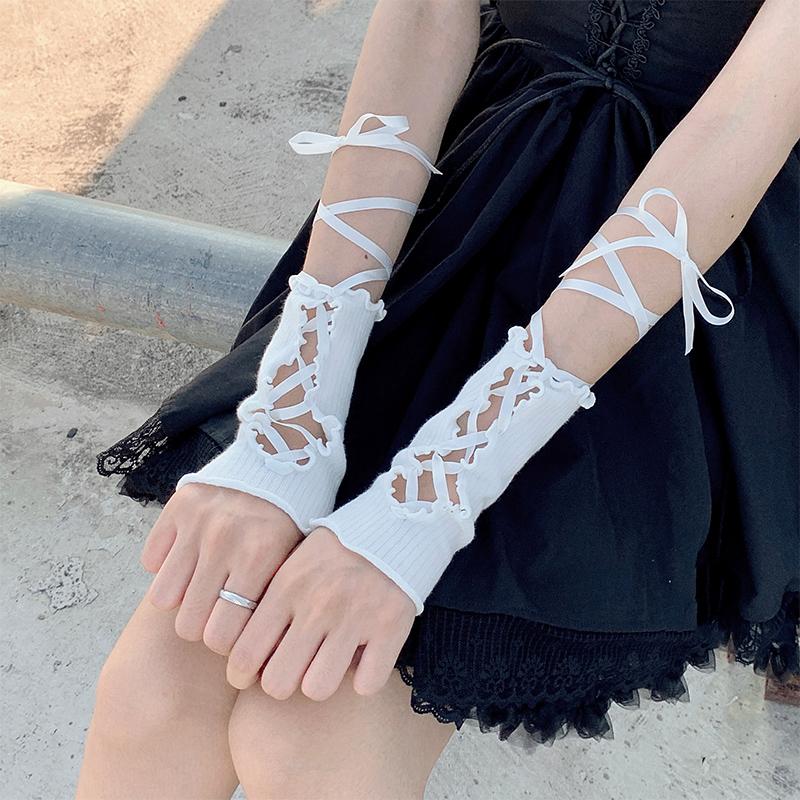 1Pair Lolita Style Diy Gloves Sweet Girl Lace Up Ruffles Arm Sleeve Jk Gothic Fingerless Glove For Women Halloween Accessories