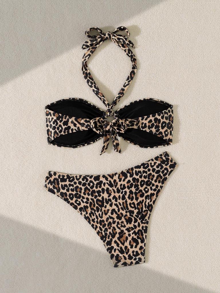 2024 Leopard Print Lace-Up Strapless Two-Way Sexy Bikini Swimwear