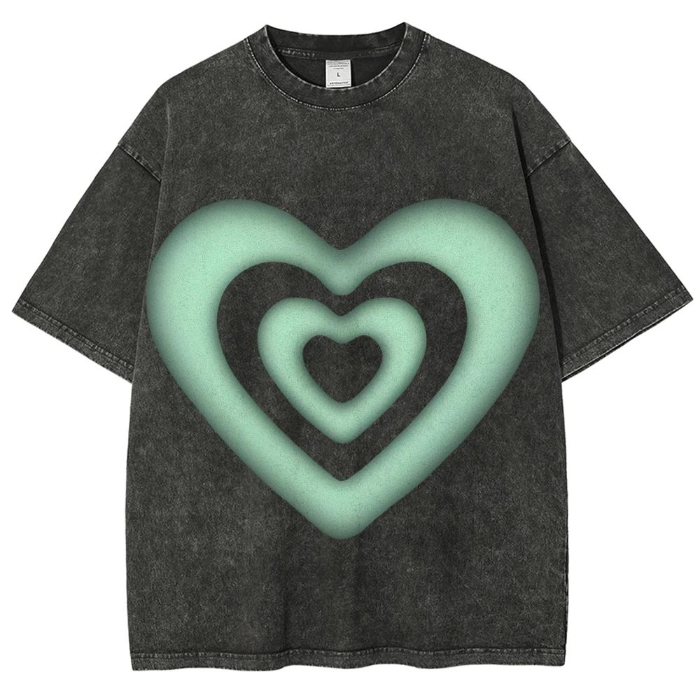 Washed Heart T Shirt Unisex Casual Cotton Short Sleeve T-shirts Hip Hop Vintage Tee Shirt Men Women Clothing Summer Tops
