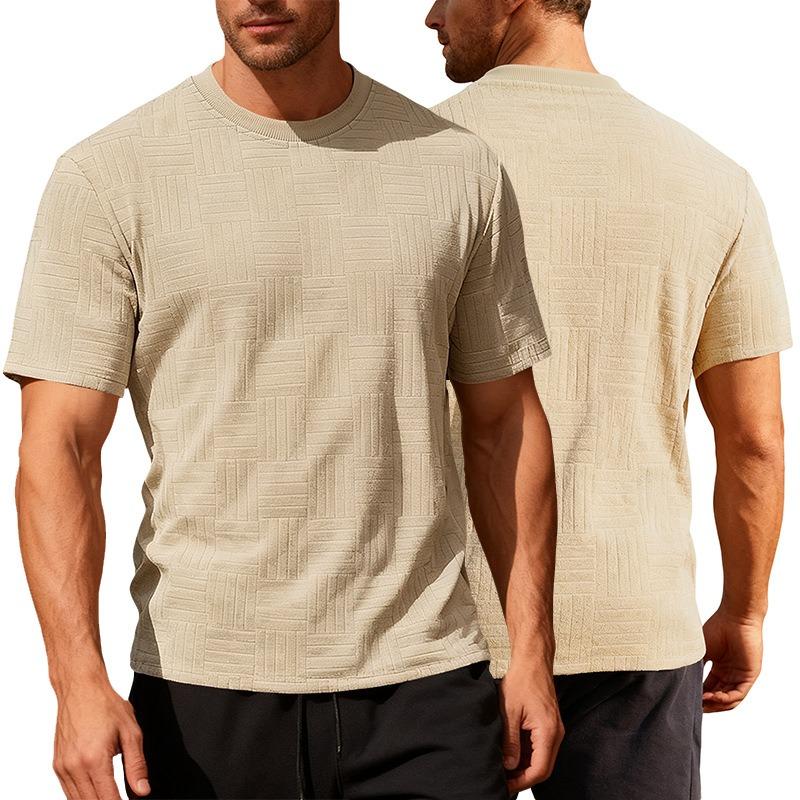 Mens Summer Sports Casual Loose Breathable Jacquard Crew Neck Short Sleeve Shirt