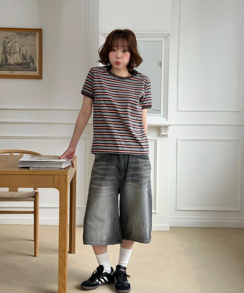 AMOU Amou Multi Stripe Ringer T-Shirts Brown