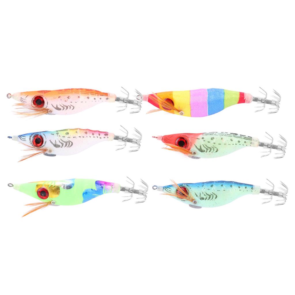 6PCS 10cm Hard Fishing Lure Artificial Wood Shrimp Bait with Octopus Cuttlefish Squid Hooks