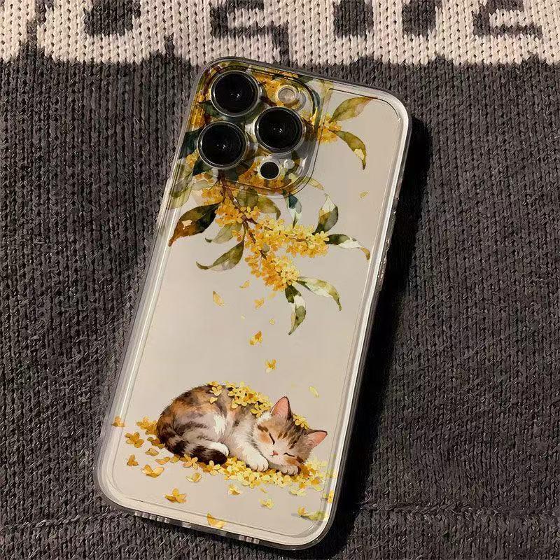 Чехол для iPhone с османтусом и кошкой: Совместимо с iPhone 13, 14, 15 Pro, 16 Pro Max. Защита от падений, Полное покрытие.