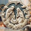 5pcs Christmas Nativity Scene Wooden Ornament - 2D Relief Carved Round Wall Hanging Decor with Angel, Jesus, Mary & Joseph - Handcrafted Church Door
