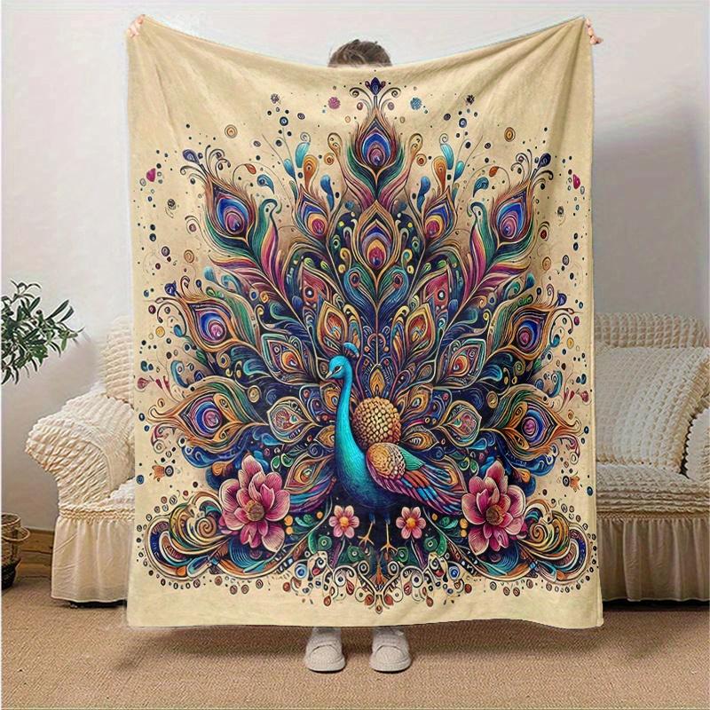 1pc Nature's Beauty Peacock Blanket Cartoon Stitch Holding Football Pattern for Home Decor, Gift Idea for Family