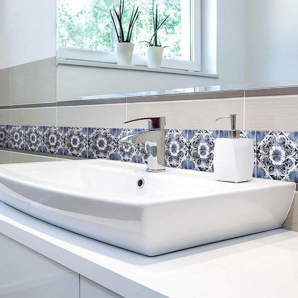 Обои из фарфоровой плитки для кухонного шкафа 15 см x набор с синим цветком для наклеивания на водостойкие и морилки, в комплекте с подходящими для аренды наклейками для