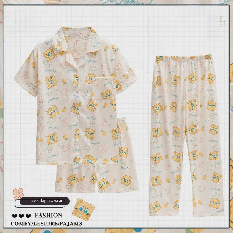 Летняя пижамная одежда Dopamine Pink Striped из хлопкового крепа - женская, с короткими рукавами, из трех предметов