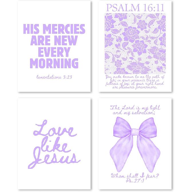FGFK Girly Pink Christian Wall Art Prints Set of 4, Lamentations 3:23 Psalm 16:11 Psalm 27:1 Bible Verse Preppy Posters Pictures Wall Decor for Girls