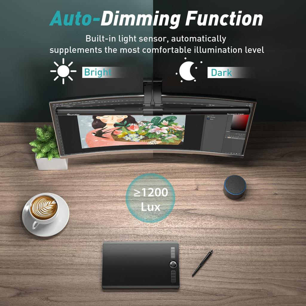 Quntis Настольный светильник для монитора, световая панель, беспроводной пульт дистанционного управления, автоматическое затемнение, 1200 люкс, высокая цветопередача, совместимо с изогнутым USB-монитором