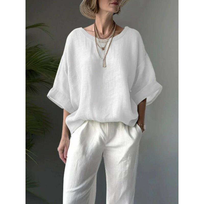 Solid Color Comfortable Casual Round Neck Loose Five Minute Sleeves Women's Plus Size Shirts