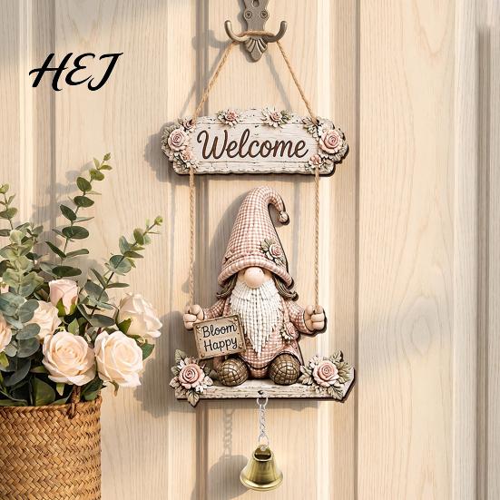 Wooden Gnome Door Decor Hanger with Bell, Country Garden Welcome Sign Farmhouse Style Swing Wall Plaque, Hanging Ornament for Porch Yard Outdoor Wood