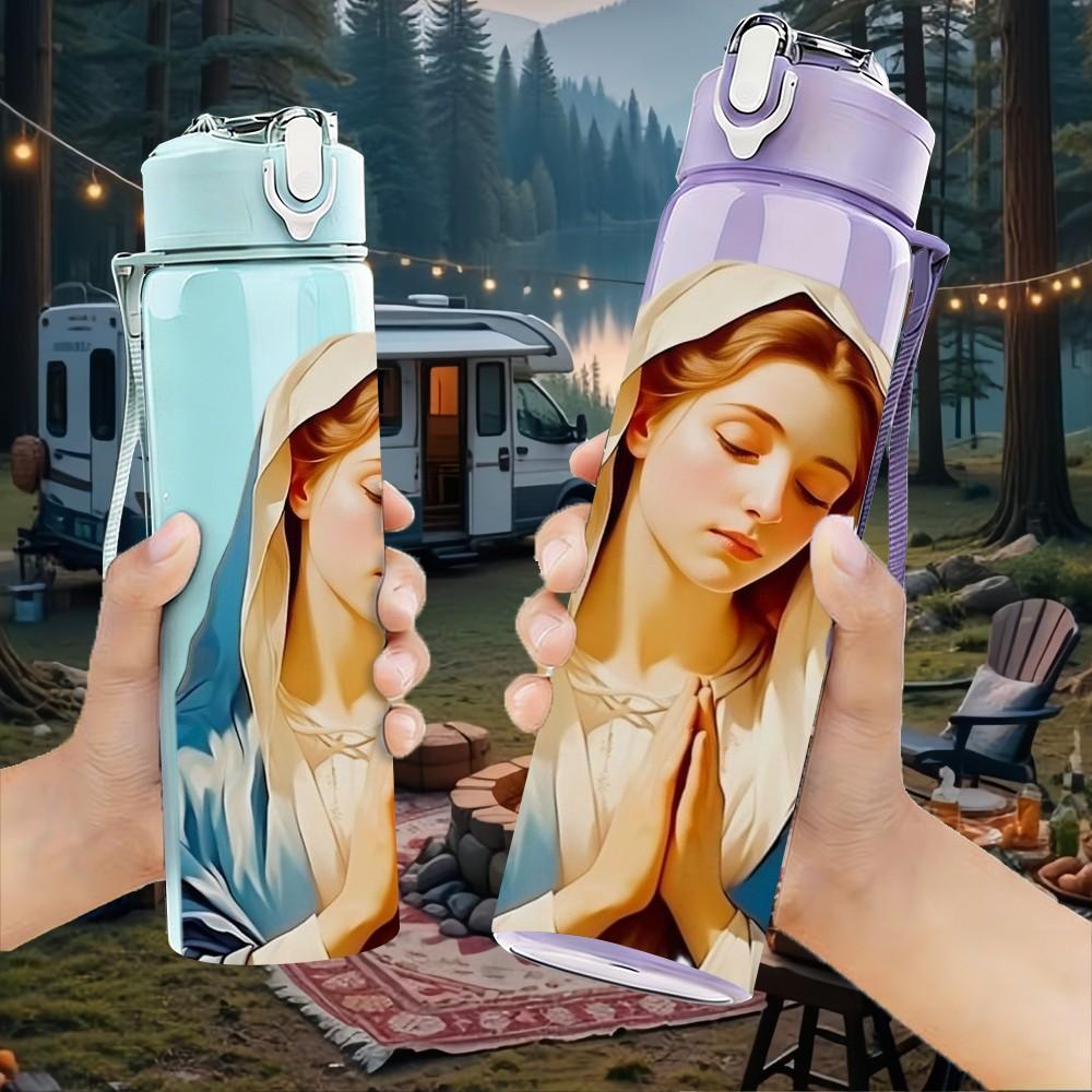1PC Virgin Mary Praying Religious Print 750ml Color Plastic Sports Water Bottle Leakproof Flip Straw Lid Suitable for Sports Office Home Use