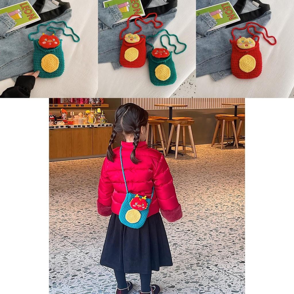 Adorable Girl's Dragon Year Mini Crossbody Bag Cute Knitted Coin Purse For Kids