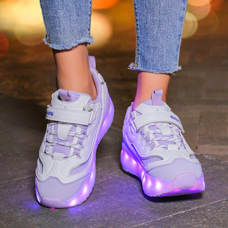 Детские четырехколесные съемные плоские спортивные туфли перезаряжаемые светодиодные светящиеся спортивные туфли четырехколесные роликовые коньки