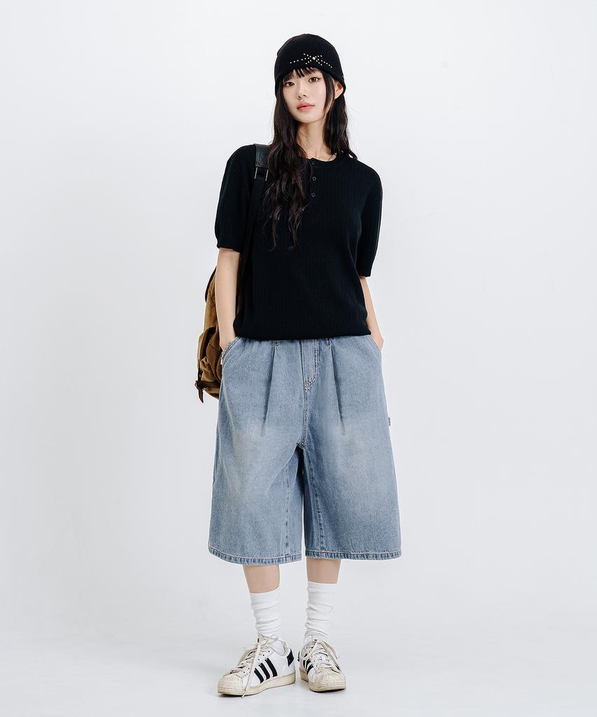 LEMAIN SECOND Bermuda Wide One-Pleat Carpenter Denim Elastic Waist Shorts [Light Wash]