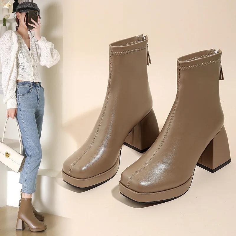 Autumn Women's High Heeled Martin Boots Back Zipper High-heeled Women Shoes Waterproof Ankle Boots