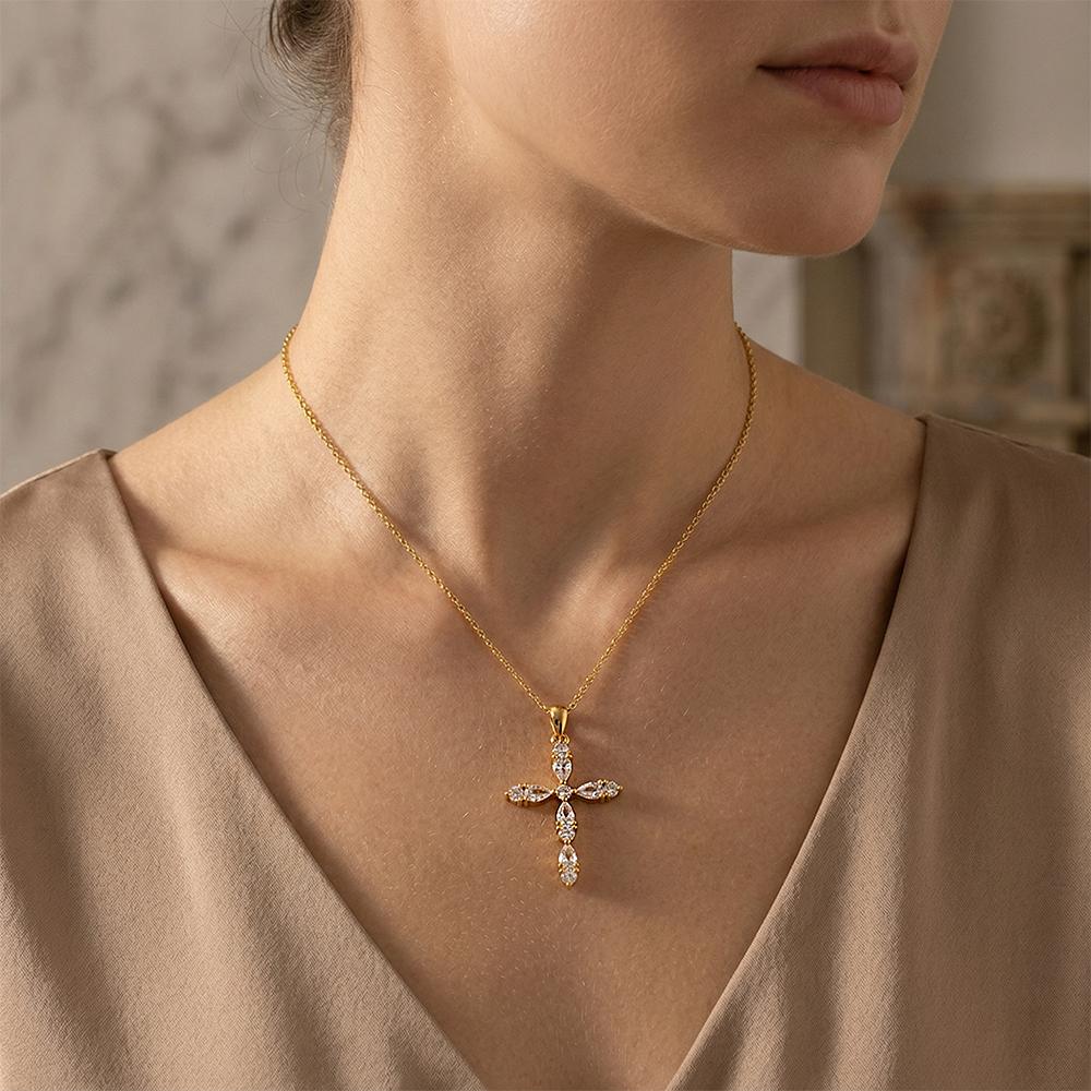European and American Retro Pendant Stainless Steel Plated with 18K Gold Water Droplets Light Luxury Zircon Cross Necklace