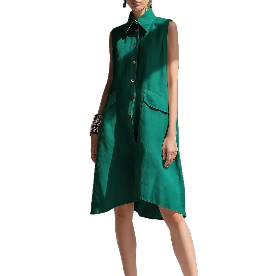 New 2026 European Summer Solid Color Sleeveless Cotton Linen Lapel Dress