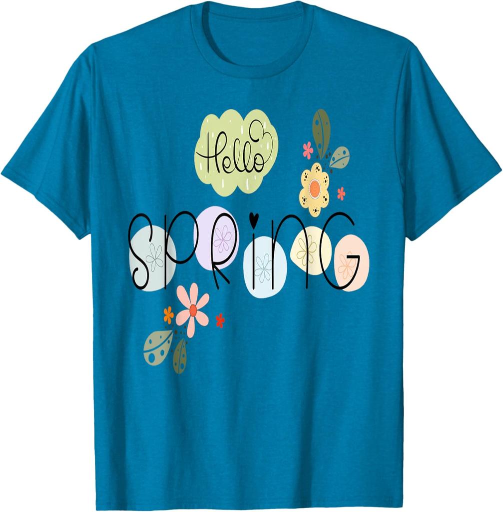 Hello Spring Flowers Graphic Tee Casual Cotton Short Sleeve T-Shirt Daily Wear