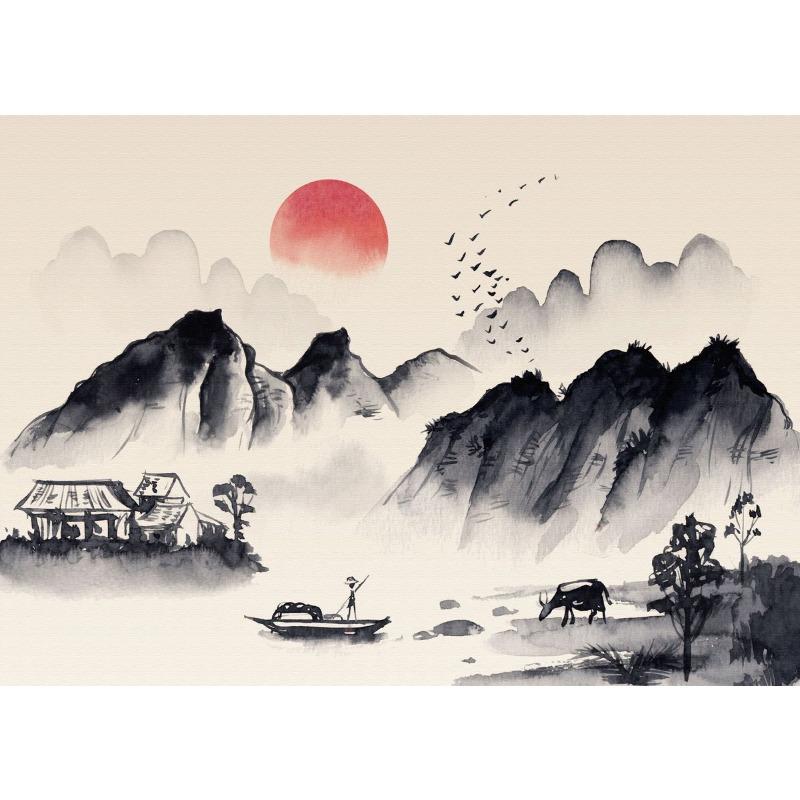 Китайский Пейзаж Птицы Лес Гора Река Карп Кои Рыба Тушь Искусство Постер Холст Живопись Настенное Искусство Принты Картина Домашний Декор