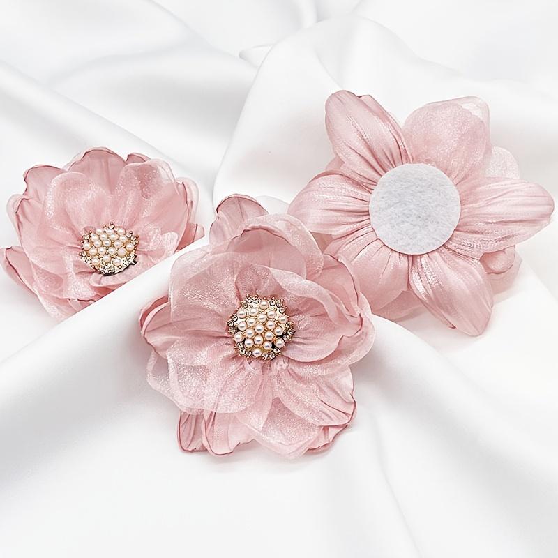 5pcs Handmade Fabric Flower Appliques with Beaded Center, Multilayer Organza Flowers for DIY Dress, Shoes, Brooch Accessories