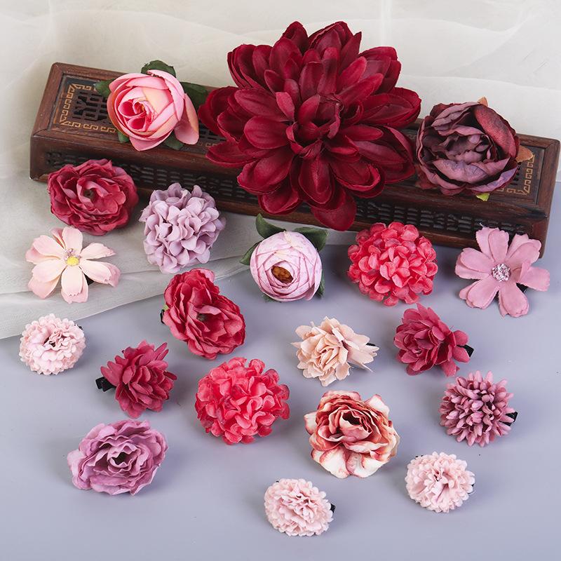 Vintage Flower Hair Clip Set Red Color Series Peony Rose Chrysanthemum Hair Clip For Women Elegant Hanfu Hair Accessories