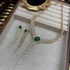 Diamond Studded Emerald Jade Fringed Necklace Earrings Dinner Party Accessories Luxury Sparkling Rhinestone Set